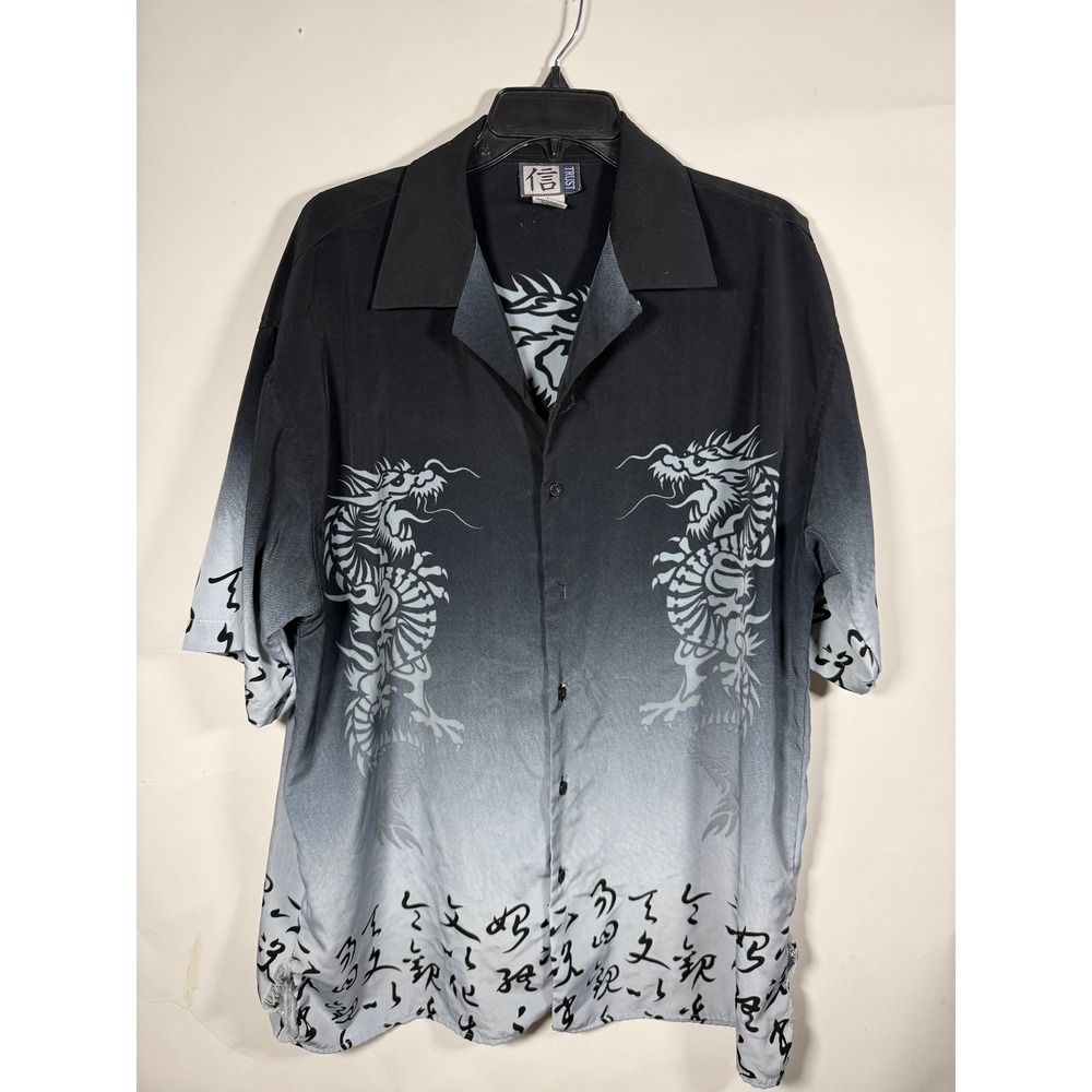 Trust Mens Dragon Graphic Shirt Black Grey Ombre Calligraphy Button Down Large